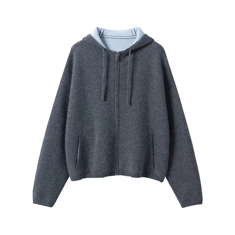 Women\'s Air Cashmere Cardigan Loose Padded Knit Hoodie Contrast Zipper Sweater Fall Winter Coat New Style Casual Comfortable