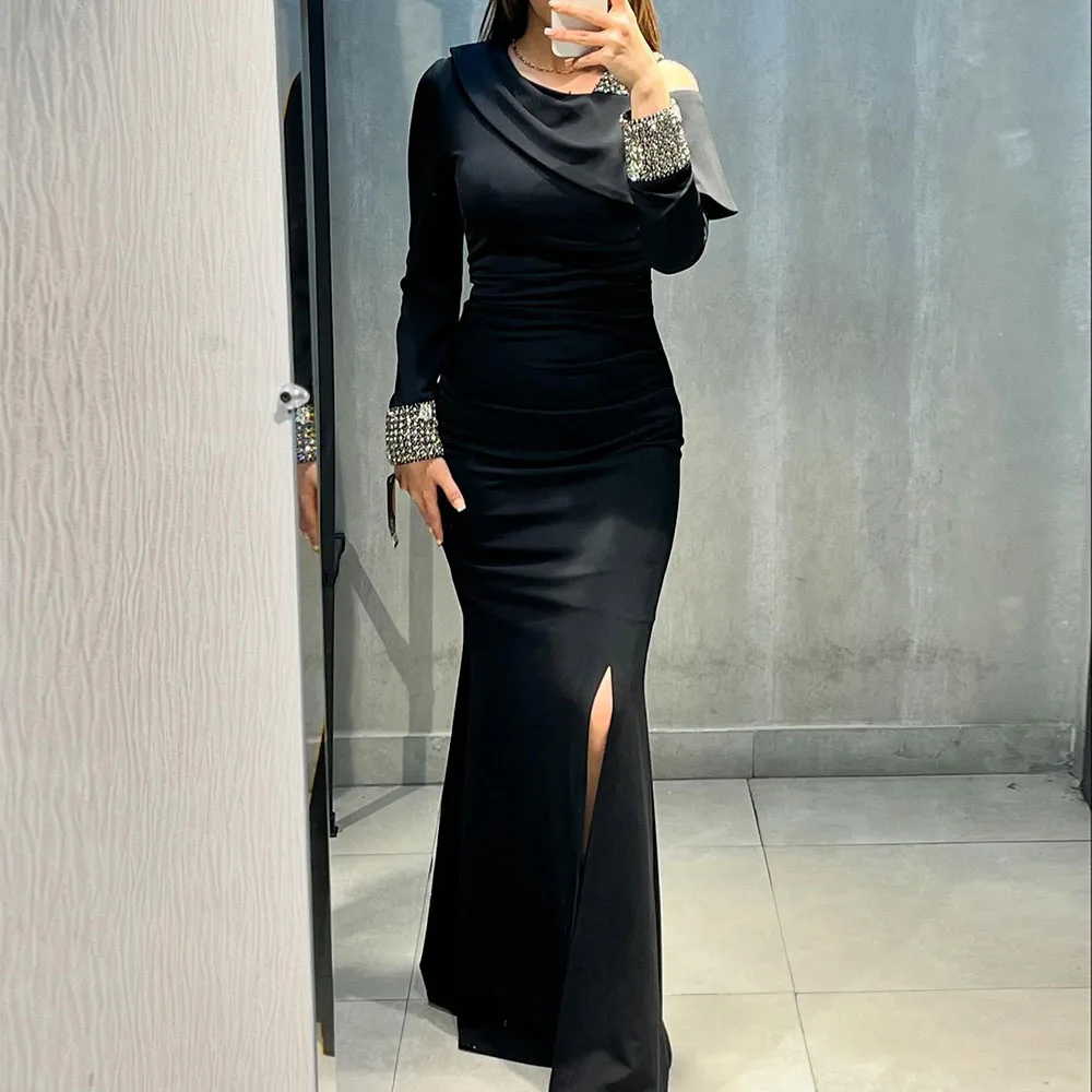 

Customized A-Line Prom Dresses Floor-Length V-Neck Full Sleeve Evening Gown Fashion Crystal Side Split Simple Draped Party Gown