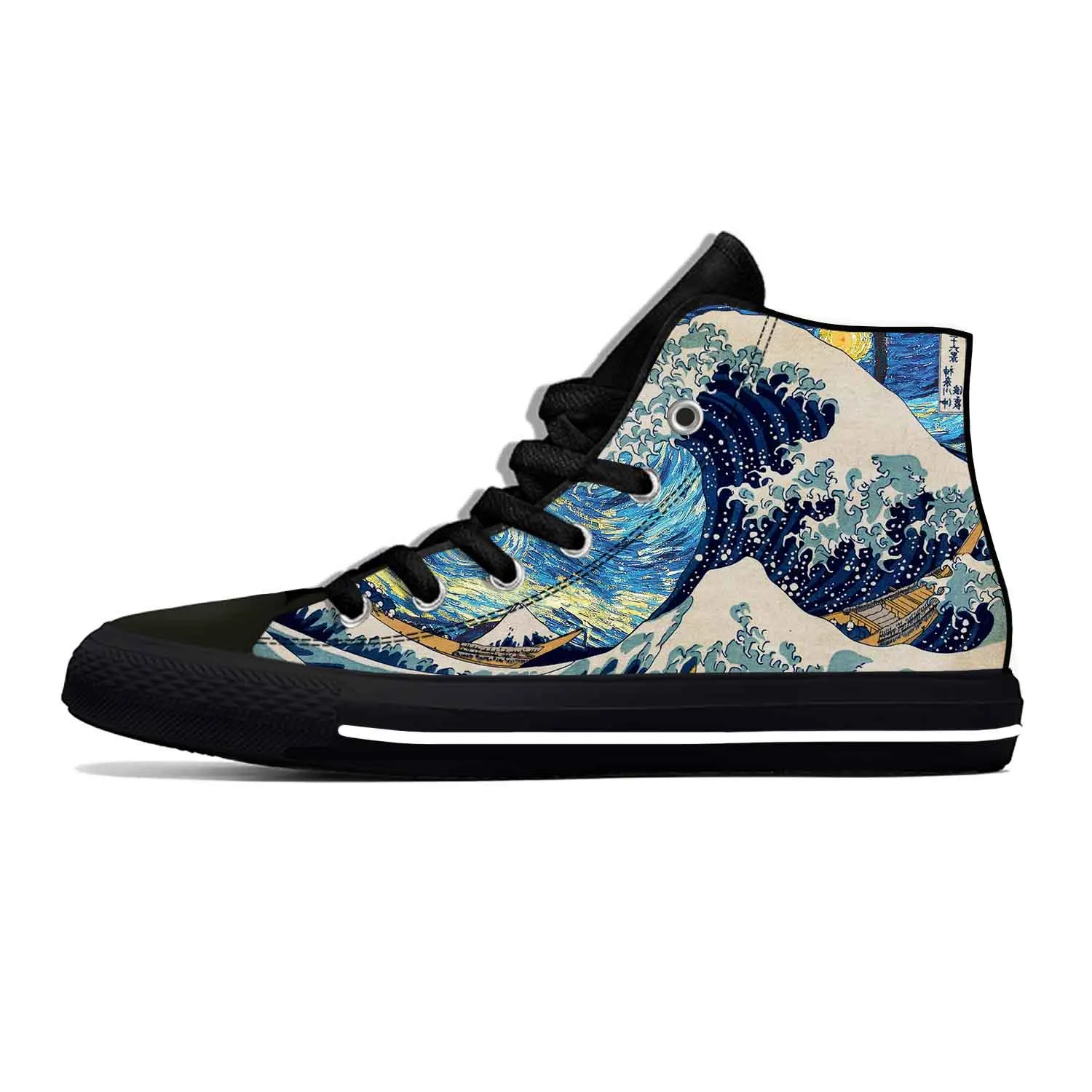 Japanese Anime Cartoon Great Wave Off Kanagawa Breathable Lightweight High Top Cloth Shoes 3D Print Men Women Casual Sneakers