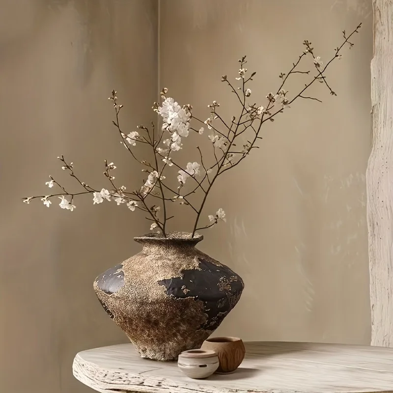 Wabi-Sabi Vintage Style Ceramic Vase Oriental Zen Handcrafted Mottled Surface Living Room Entrance And Dried Branch Decor Gift