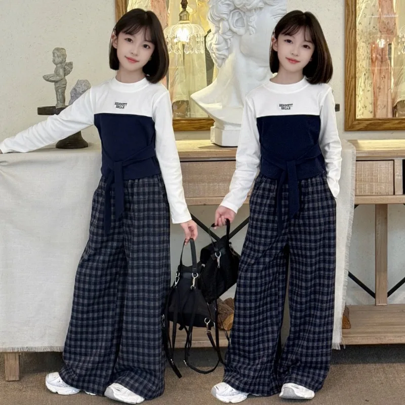 

Girls Spring Autumn Clothing Set Fashion Children Color-block Long Sleeve Plaid T-shirt + Wide-leg Pants Two-piece Suit