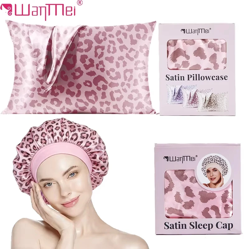 

2Pcs/Set Leopard Print Satin Pillowcase & Sleep Cap Set Silky Satin Hair Care Anti-Frizz Sleeping Accessories for Women