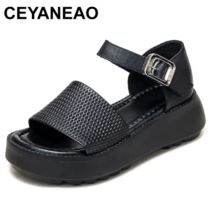 

Women Sandals Summer Shoes Handmade Genuine Leather Metal Buckle Wedges Platform Casual Open Toe Sandals