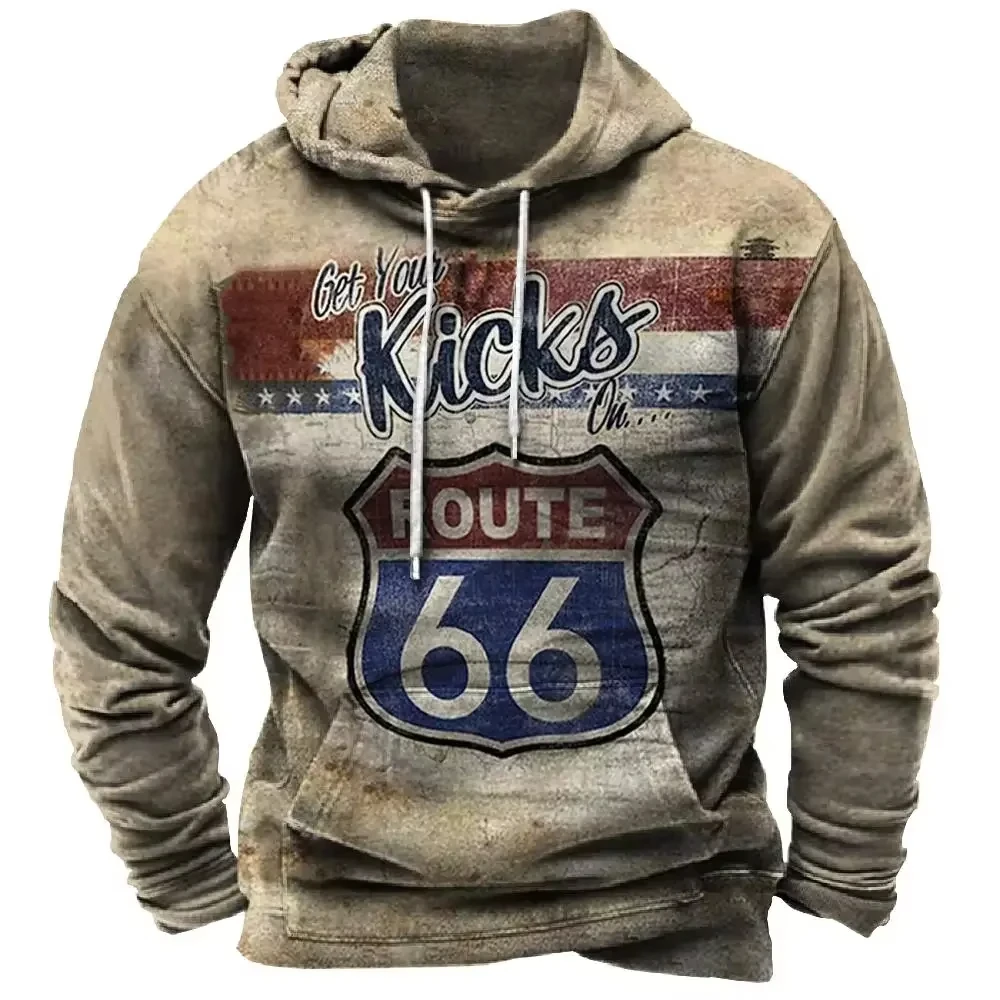 Hot Sale Autumn And Winter Man Clothes 3d Printed Men's Route 66 Printed Hoodie Men Loose Casual Fashion Retro Oversized Hoodie