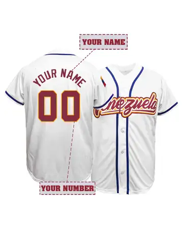 Customized Name and Number Men's Embroidery Venezuela Baseball Jersey Personalized Short Sleeve Breathable Shirts Men Clothing