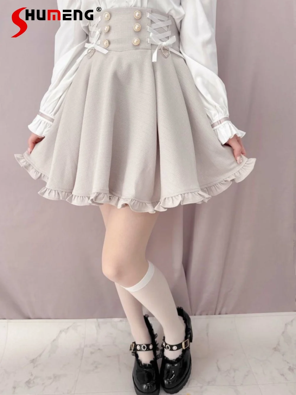 Japanese Mine Lolita Flare Skirt for Women 2024 Spring and Summer New Elegant Sweet Women\'s Side Tied Lotus Leaf Skirts Female