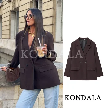 Kondala Elegant Commute Double-Breasted Blazer Women Vintage Brown Buttons Blazer