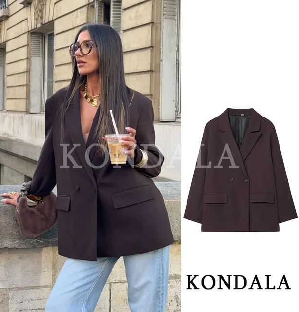 KONDALA Elegant Commute Double-breasted Blazer Women Vintage Brown Buttons Blazer 2026 Spring Summer Trendy Office Lady Blazer Kondala Elegant Commute Double-Breasted Blazer Women Vintage Brown Buttons Blazer