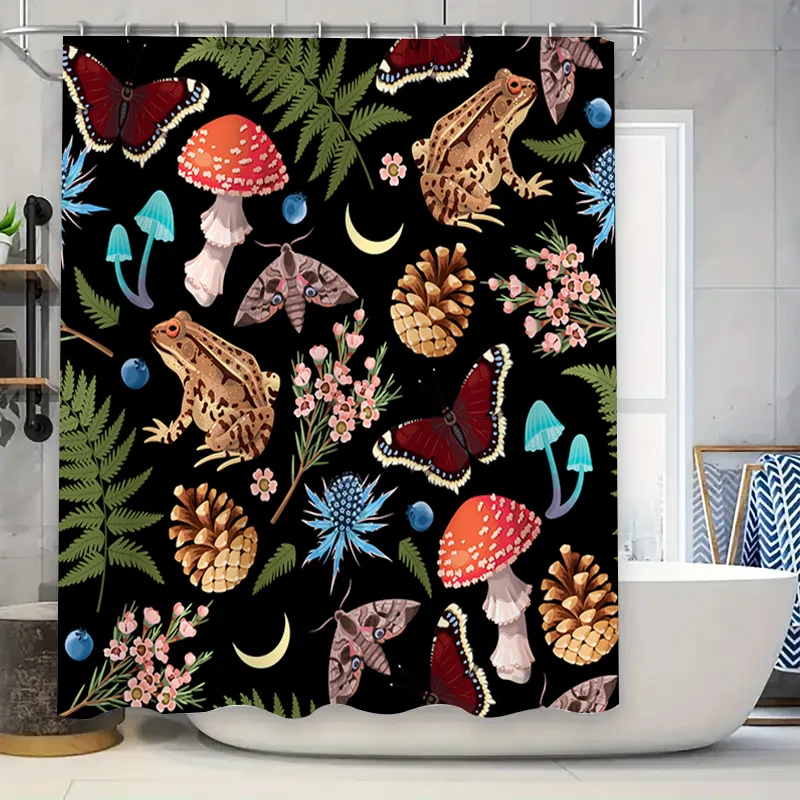 

Wildlife Pattern Shower Curtain Set for Bathroom Decor Mushrooms Frogs Design