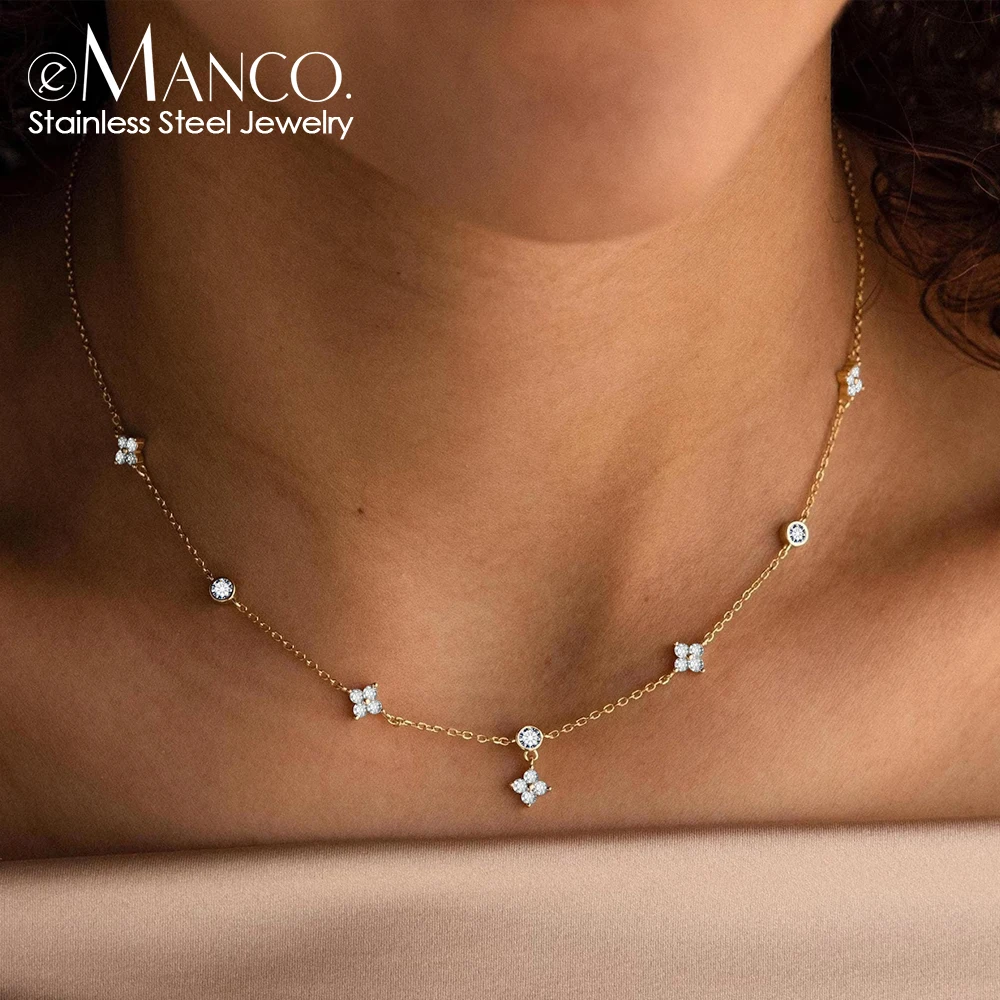 EMANCO Stainless Steel Plated 14K Gold Sparkling Zircon Flower Necklace for Women Girl Exquisite Party Jewelry Gifts