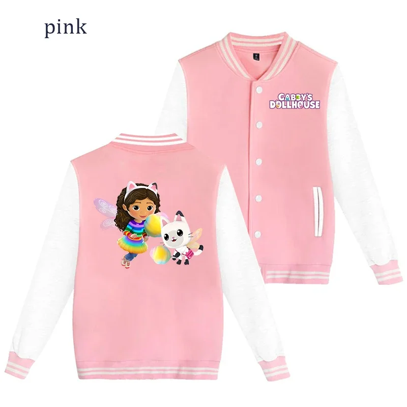 Gabby Dollhouses Children Pink Baseball Uniforms Cartoon Anime Plush Long Sleeved Jacket Overcoat Clothes Kids Birthday Gifts