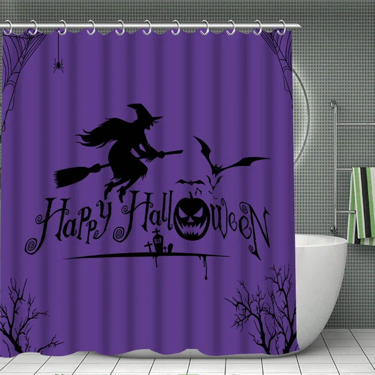 Halloween Moon Witch Haunted House Silhouette Mat Pumpkin Ghost Face Bat Plaid Bathroom Set for Home Decoration