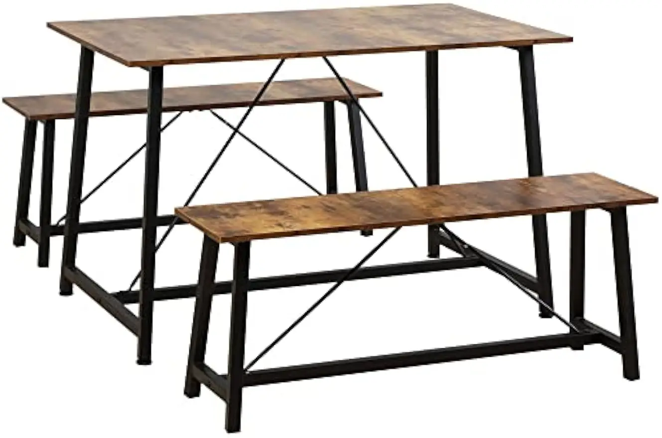 Industrial 3-Piece Dining Table Set, Rectangular Kitchen Table and Chairs for 4 People, Space-Saving Dinner Table