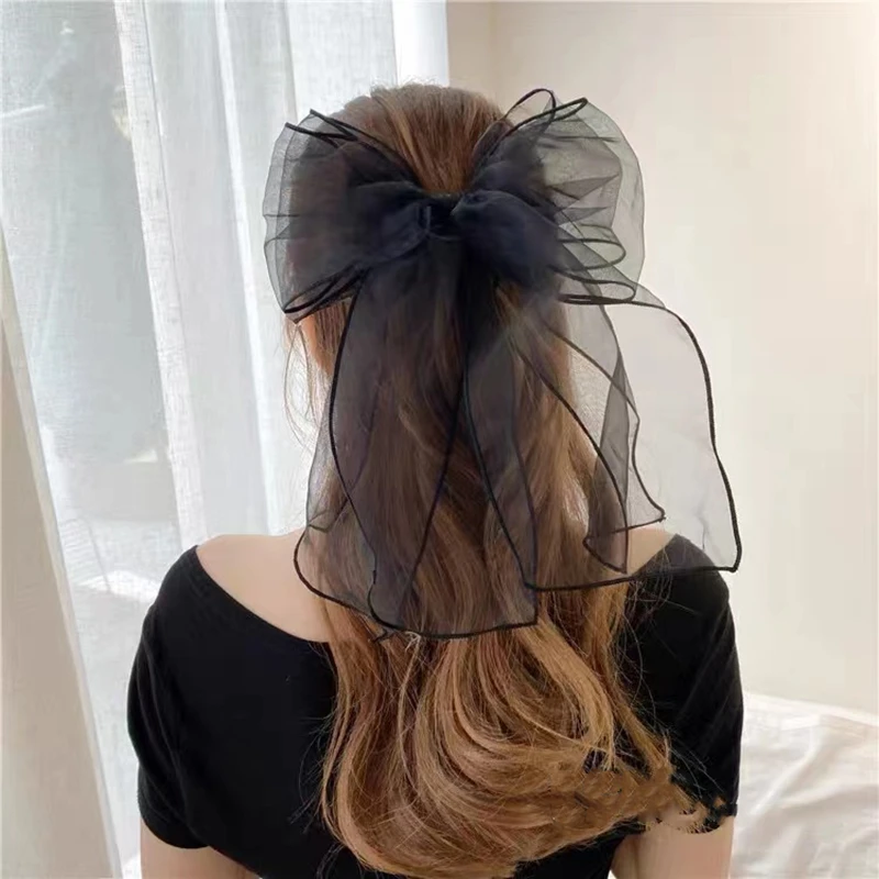 New Fashion Premium Black Satin Barrettes Bow Hair Clip Temperament Hair bow Ribbon Ponytail Clip For Women Top Hair accessories