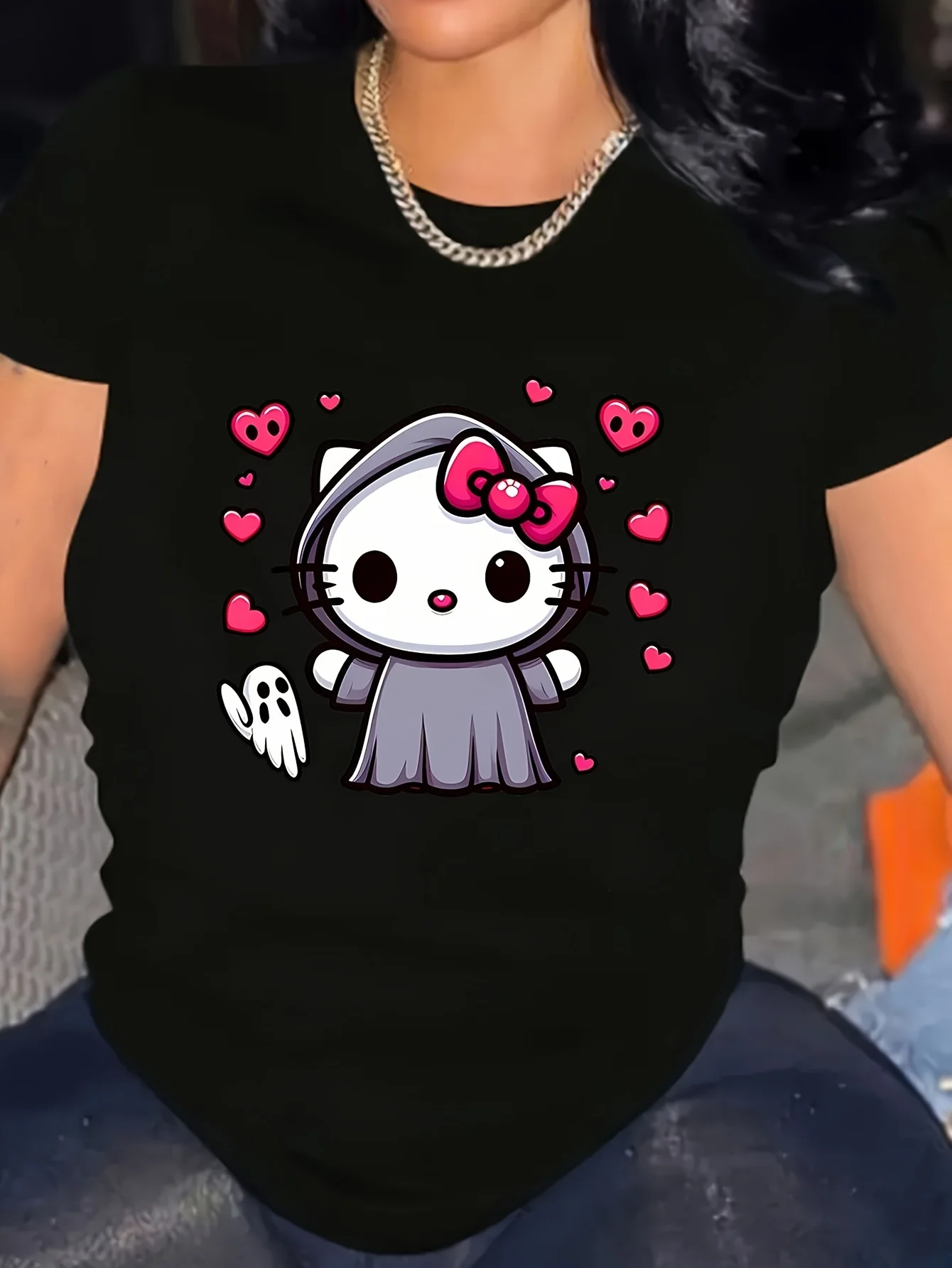 

Хэллоуин Hello Kitty графический принт лето осень зима хлопковые мужские и женские футболки с короткими рукавами роскошные уличные