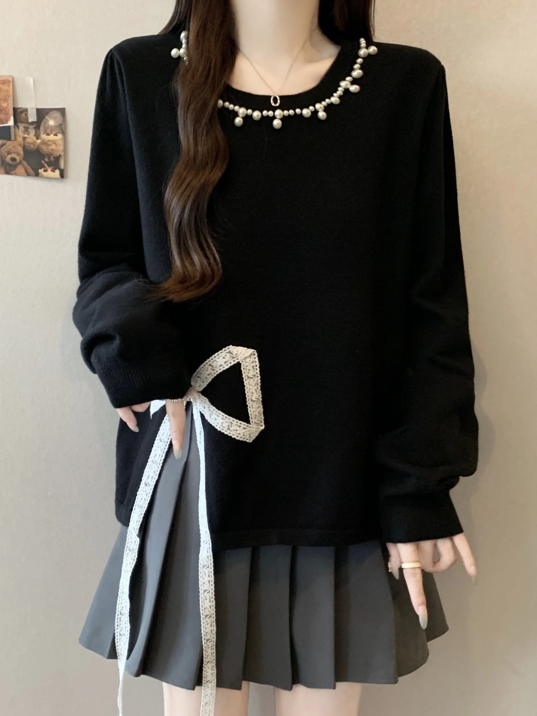 

plus Size Women's Knitted Pearl Embellied Base Layer Lace Knot Bla Sweater Casual Commute Sle Loose Fit Inner...