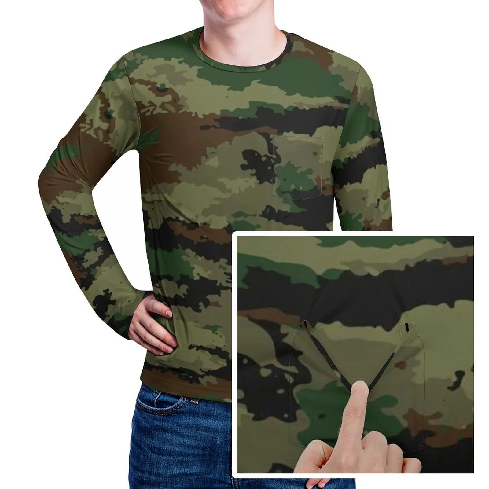 Black And Green Camo T Shirt With Pocket Woodland Camouflage Retro T-Shirts Men Basic Tshirt Long Sleeve Top Tees Plus Size