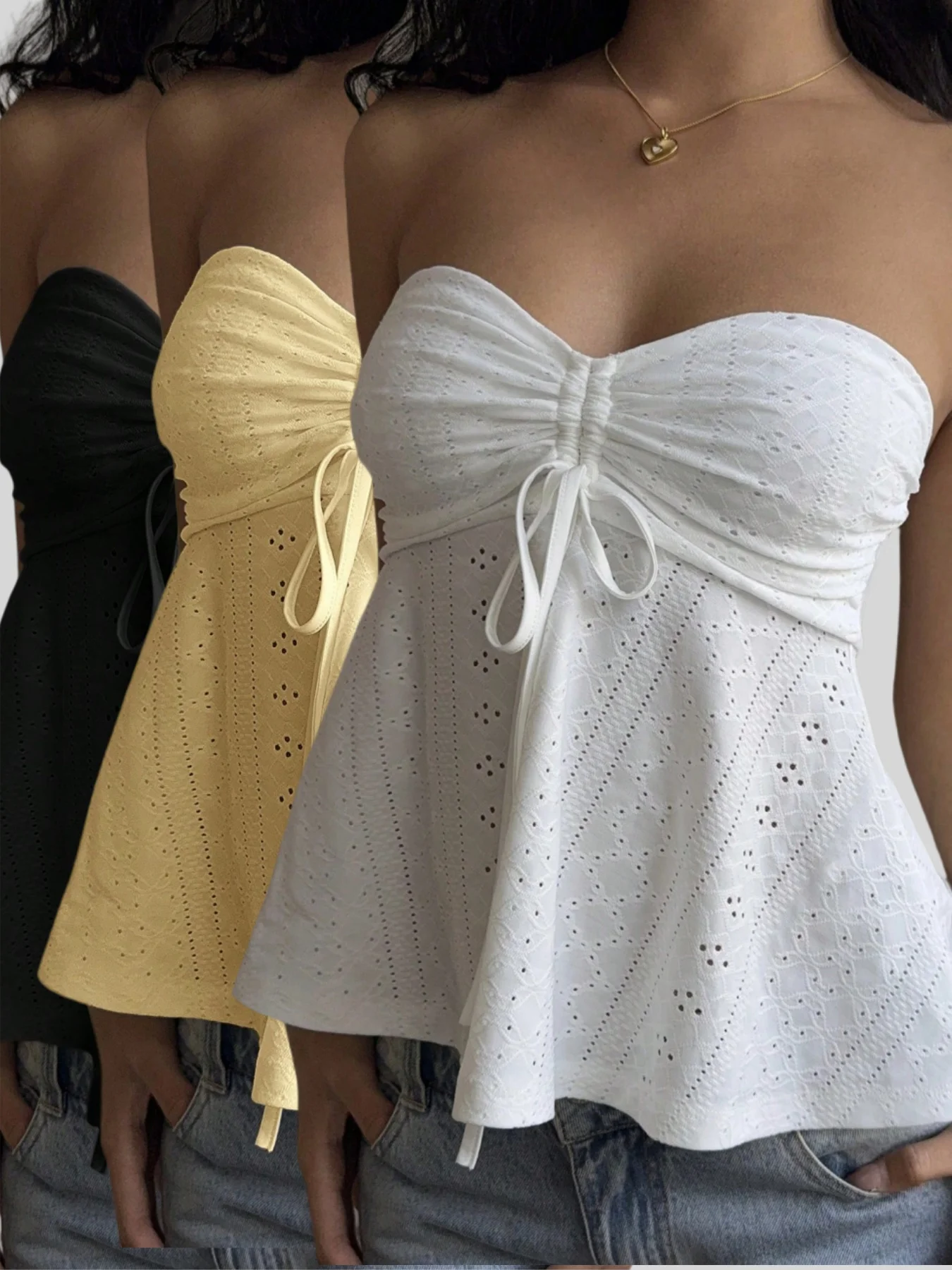 

Fashionable and versatile casual women's strapless off-shoulder chest contraction rope design trendy top vest three-piece set