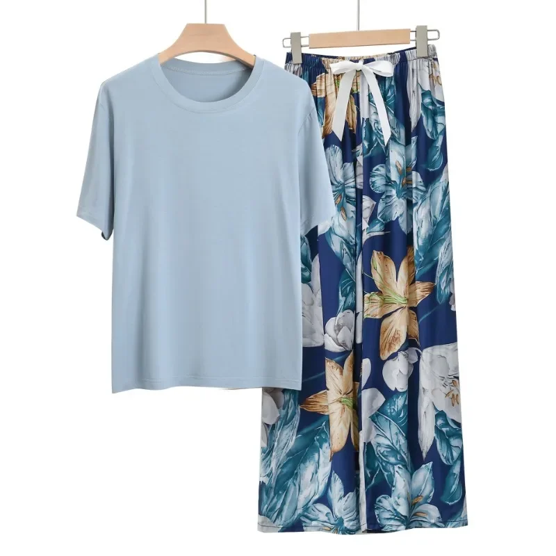 2025 جديد المرأة ملابس خارجية ملابس المنزل بيجامة مجموعة المألوف القطن التباين اللون مريحة قصيرة الأكمام بنطال ذو قصة أرجل واسعة