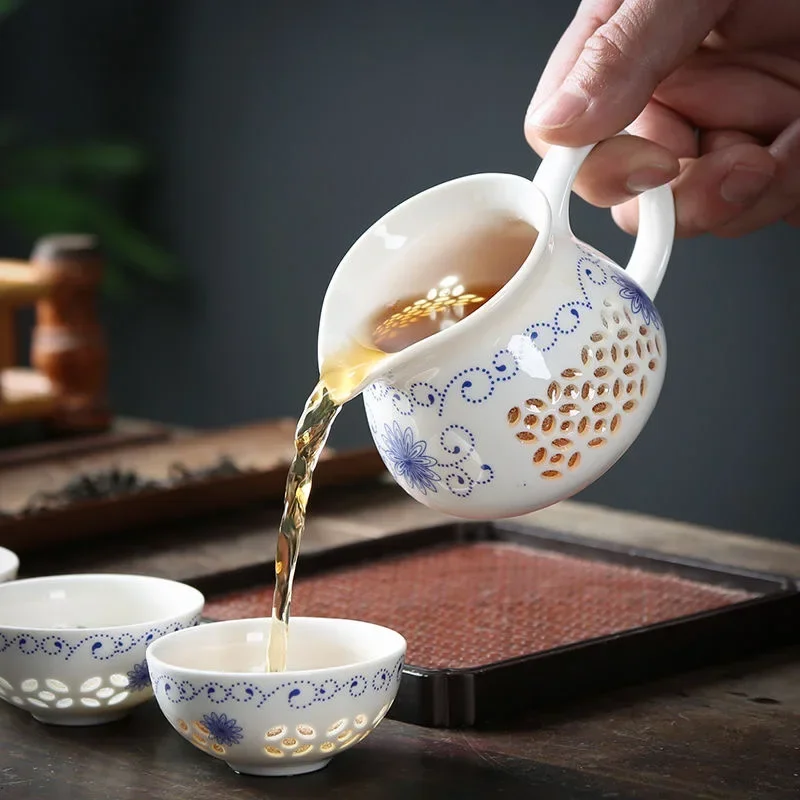 11PCS Hollow Honeycomb Kung Fu Tea Set Blue and White Porcelain Drinkware Ceramic Glass Teacup Teapot Gaiwan Strainer Fair Cup