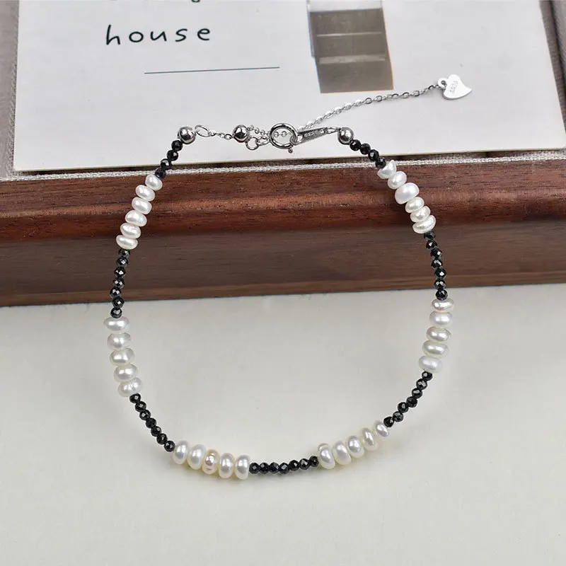 Natural Freshwater Female Black Zircon Jewelry Fashion String Hand Ring 925 Silver Pearl Bracelet