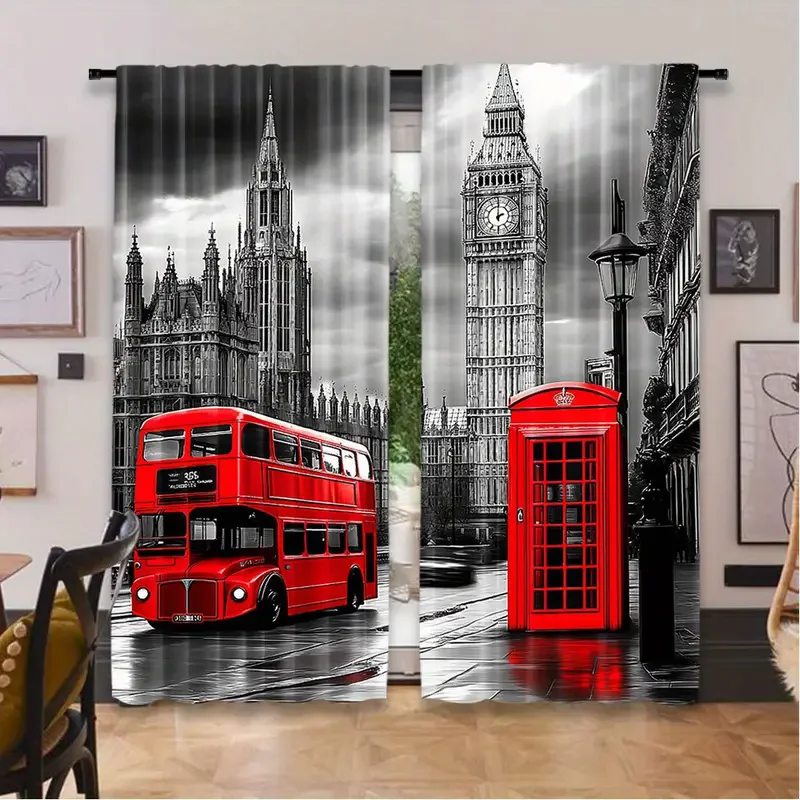 2pcs- Retro British street scene printed curtains, pole bag curtains, bedroom and living room, home decoration, room decoration