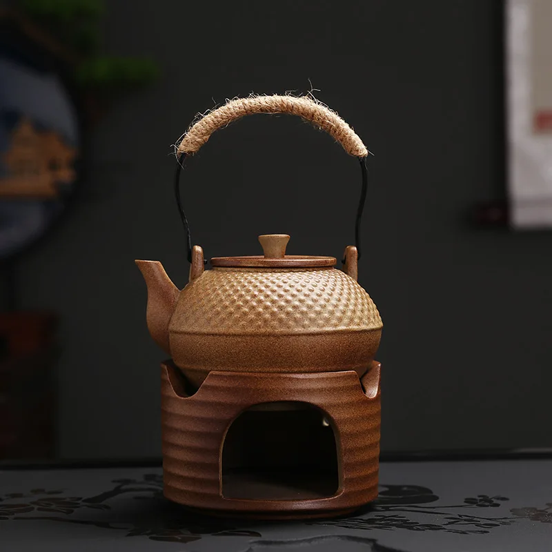 Chinese Retro Loop-Handled Teapot, Open Fire Pumpkin Pot, Warm Tea-Boiling Stove, Portable Anti-Scald Rope, Long Handle