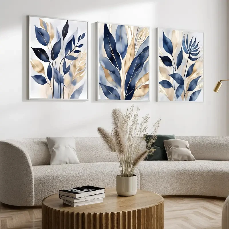 3Pcs Luxury Blue Gold Botanical Canvas Painting, Modern Watercolor Leaf Wall Art, Elegant Navy Beige Decor for Living Room Sofa