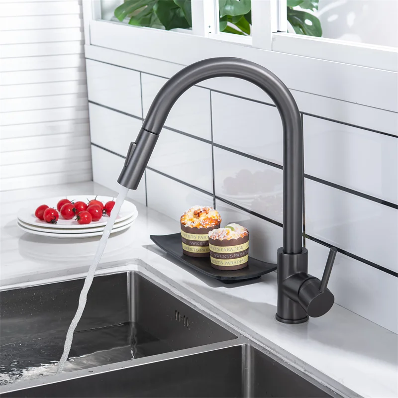 Grey Sensor Touch Kitchen Faucets Quality Stainless Steel Gray Pull Out Kitchen Mixer Tap Smart Hot Cold Touch Kitchen Sink Tap