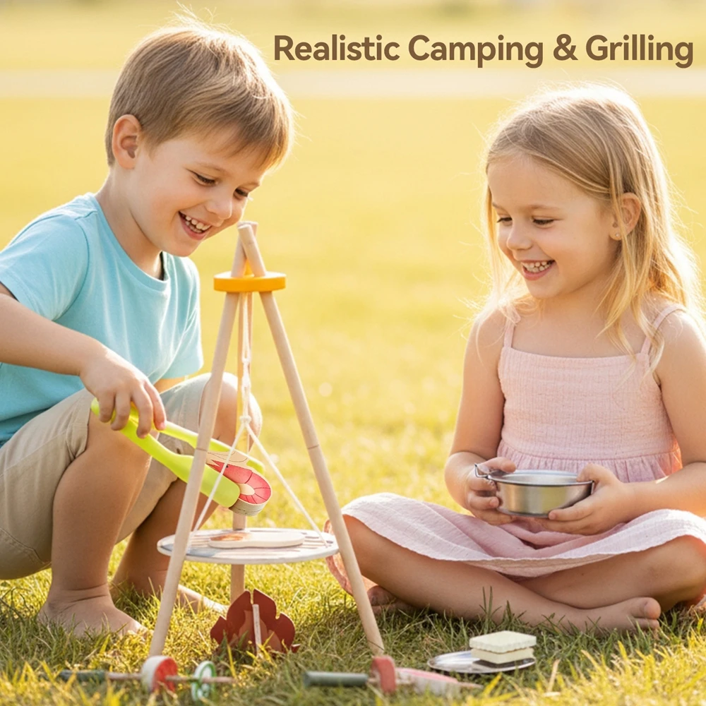 Wooden BBQ Grill Toy Set Montessori Cooking Experience Wooden Outdoor Camping Toys Blocks Playhouse Games Baby Interactive Toys