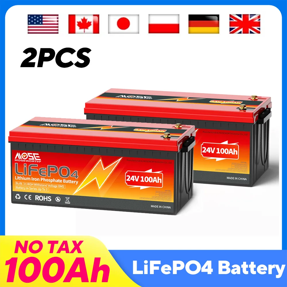 

2pcs 24V 100Ah LiFePO4 Lithium Battery with Max. 2560W Power Replacement for AGM Battery Deep Cycle for RV Solar Off-Grid Marine