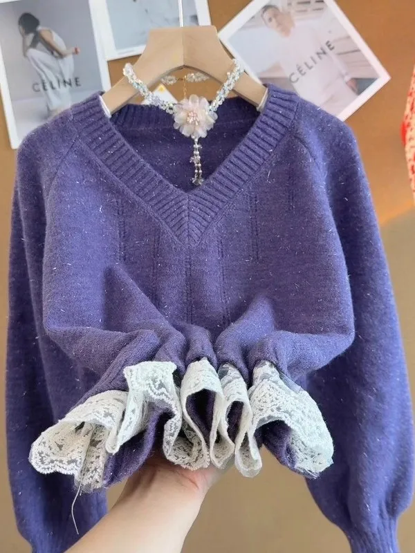 

Retro Korean Lace Trim Purple V-ne Sweater Women's Autumn Winter Loose Soft Knitted Top Comfortable Casual Sle Long Sve