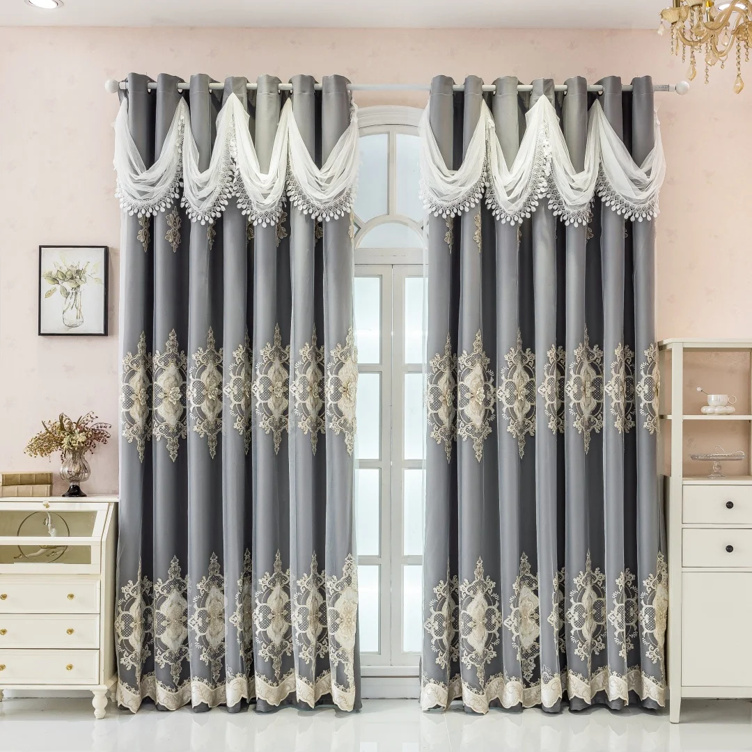 1PC 3D Embroidered Floral European Double Layer Luxury Lace Curtain, New Wave Header, 3D Embroidery, Bedroom and Living Room, Ey