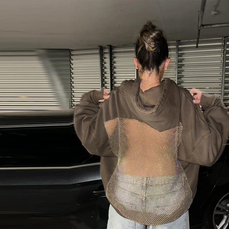 مثير جوفاء شبكة هوديي المرأة عارية الذراعين كم طويل القوطية البلوز لامعة شفافة Y2K البلوز 2025 سيدة جديدة فتاة حار #3