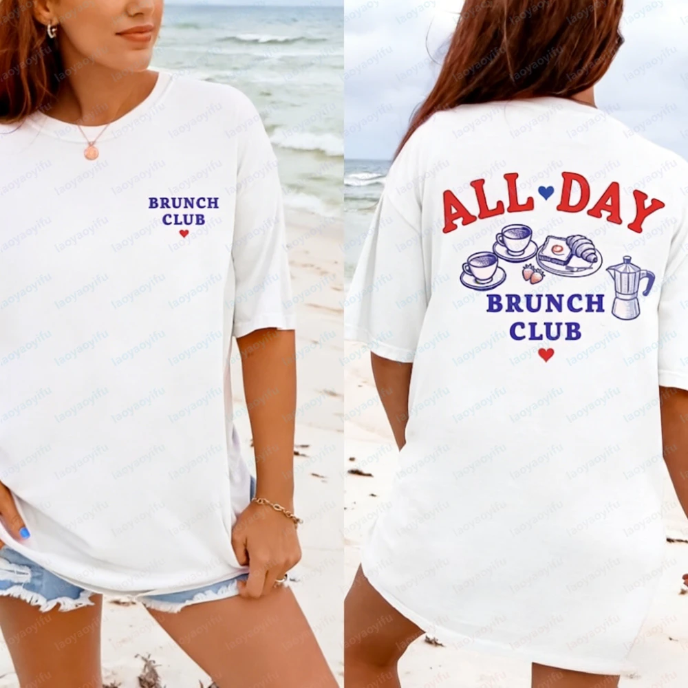 Brunch Club Trendy Coffee T-Shirt Cotton Breakfast Lover Gift Retro Front Back Foodie TeeSummer Brunch Tshirt Gift for Her Tops