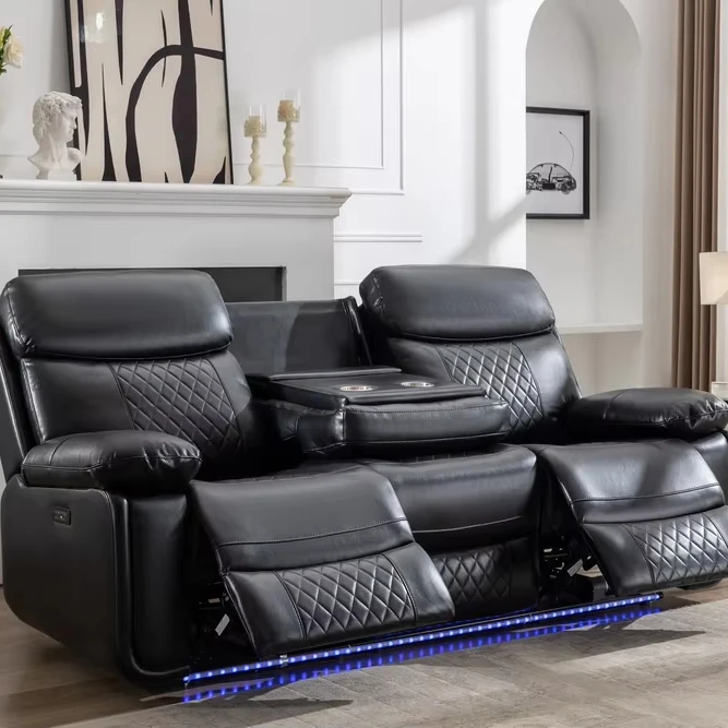 Wholesale 3-seat Black Faux Leather Power Reclining Chair Smart Recliner Electric Sofa Chair with Cup Table LED Strippromote sal