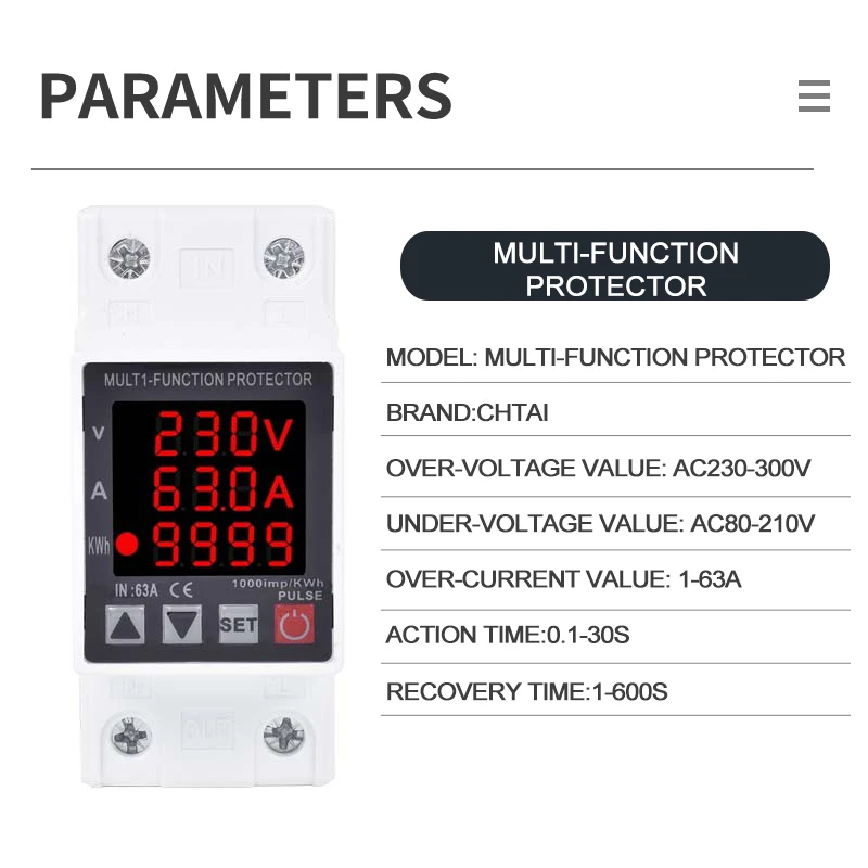 Regulowany wielofunkcyjny cyfrowy monitor prądu przemiennego o mocy 2P 63A miernik energii kWh wyciek ziemi pod ogranicznik napięcia