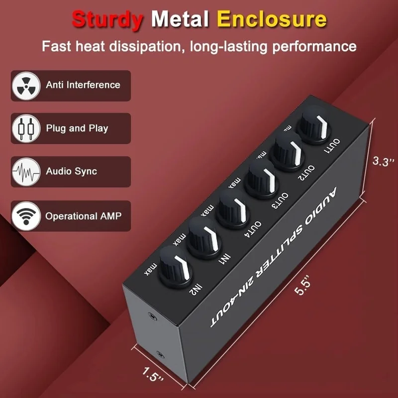 DT21 2 in 4 Out RCA Audio Splitter Stereo Line Level Distributor Mixer, for Independent Volume Control Metal Box for Home