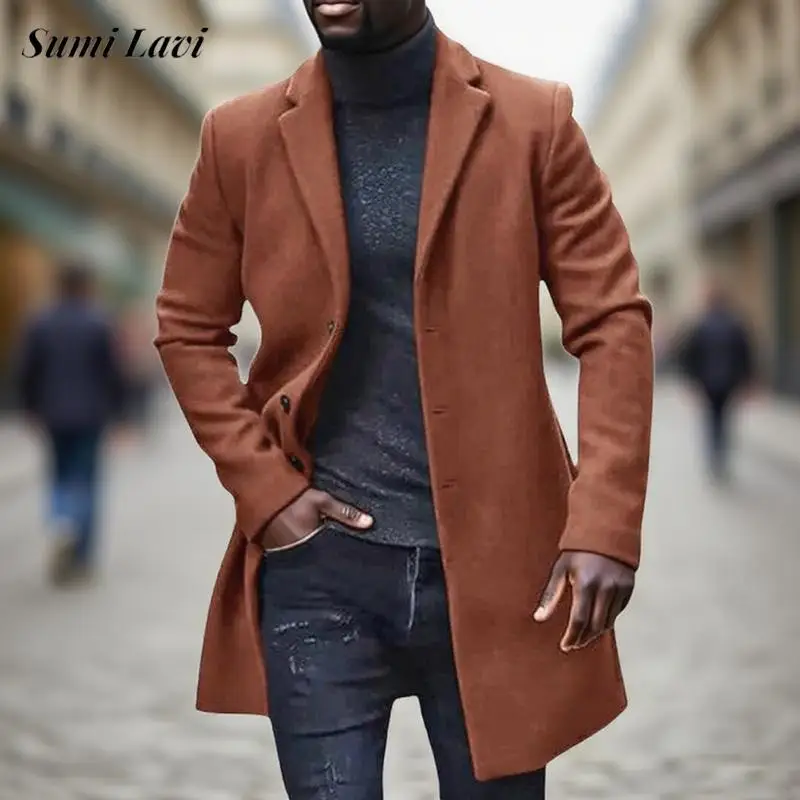

2025 Autumn Daily Leisure Mens Outerwear Long Sleeve Button-up Turn-down Collar Long Cardigans Mens Woolen Jacket Coats