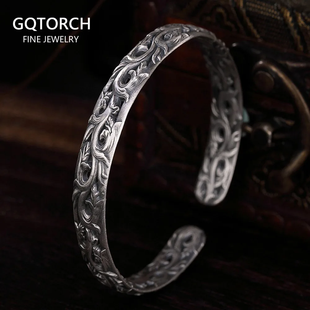 

S925 Sterling Silver Bracelet for Women Retro Antique Vine Flower Pattern Engraved Ethnic Bangles for Women Thai Silver Jewelry