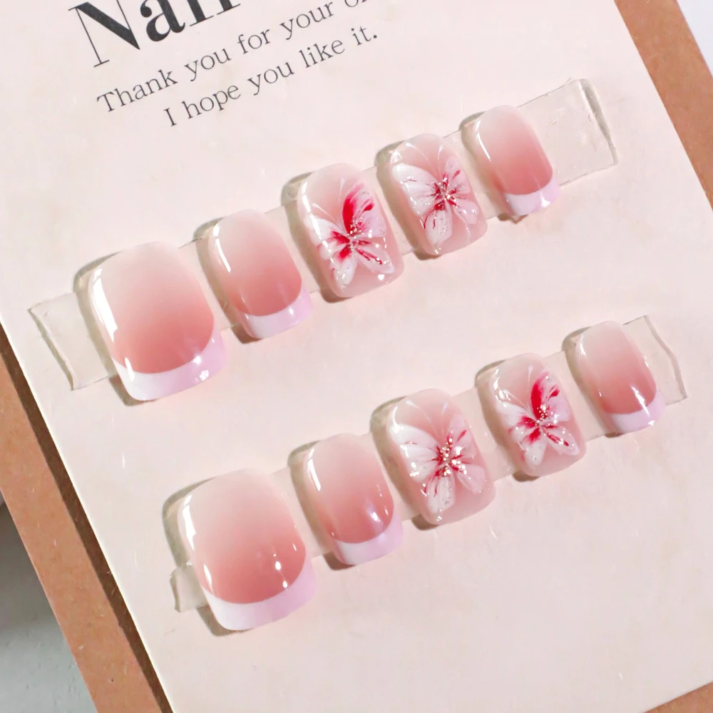 

Pink French 3D Butterfly Wearable Nail Art Summer Fashion False Nails Detachable Finished Fake Nails Press on Nails with Glue