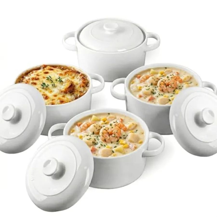 

Набор из 4 керамических суповых мисок объемом 28 унций с ручками и крышками, пригодных для использования в духовке – большие суповые кружки для французской луковой супы, чили и говядины