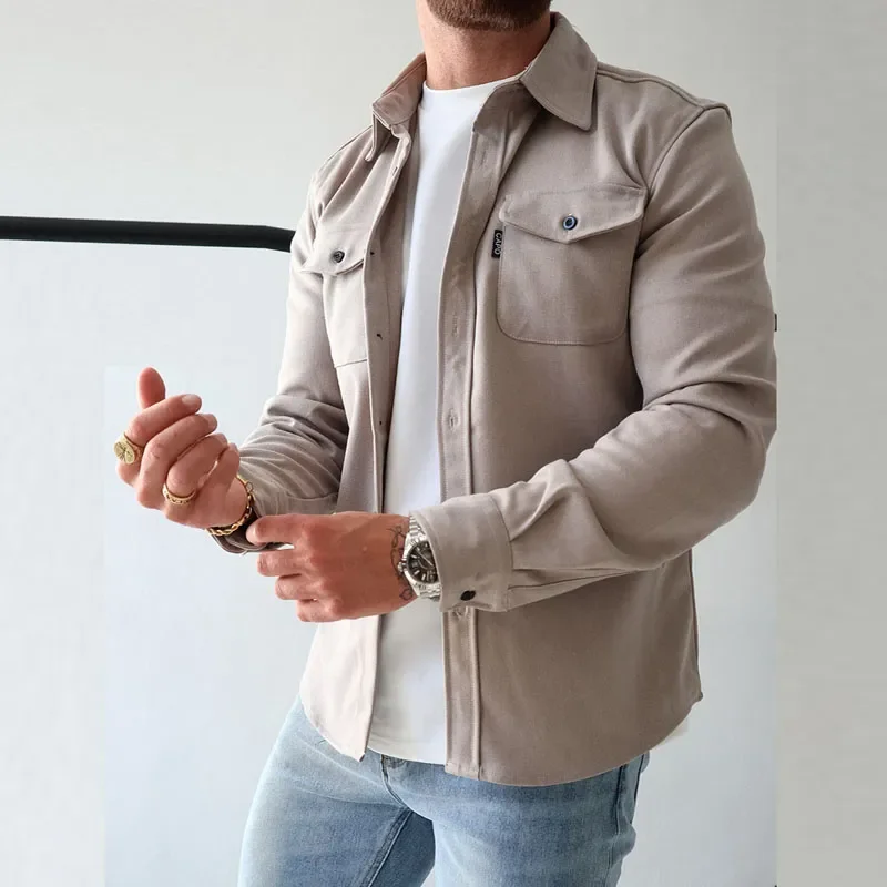 New Autumn Winter Men Long Sleeve Lapel Outerwear Coats Man Single-Breasted Solid Color Pocket Coats Men\'s Casual Shirt Jackets