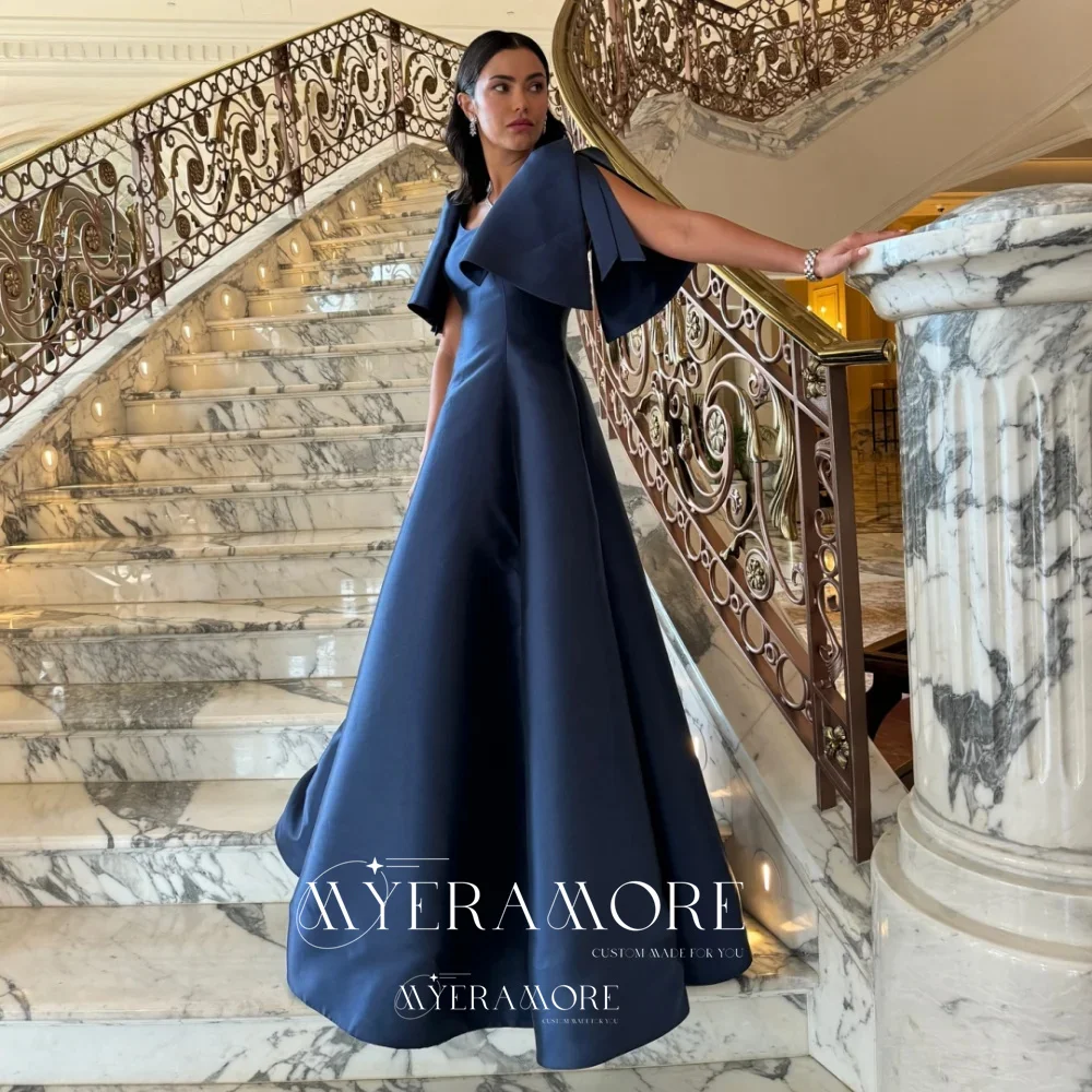 

Dubai Navy Blue A-line Satin Evening Dresses For Woman Floor-Length Prom Party Wedding Dress 2025 robes de soirée Customized