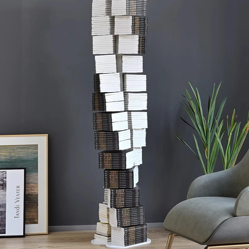 

Italian light luxury stainless steel rotating bookshelf floor storage living room spiral invisible personality creative art