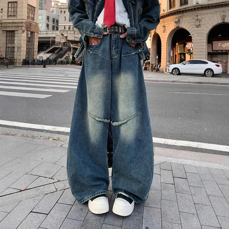 WTHT Vintage Men's Suit Patchwork Do Old Lapel Denim Coats Hole Burr Edge Gradient Loose Jeans Set Male 2025 Autumn 2A2028