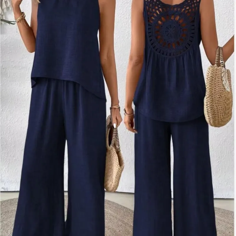 Spring Summer Fashion Solid Two Piece Sets 2024 Women Casual Loose Hollow Lace Sleeveless Top Wide Leg Pants Two Piece Set Woman