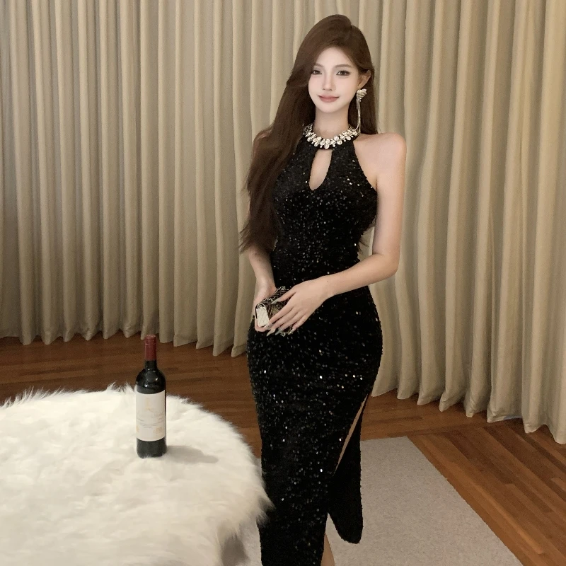 Abito da sera alla moda francese di fascia alta autunnale Abito da festa sottile con paillettes con scollo all'americana da donna Elegante abito formale da banchetto
