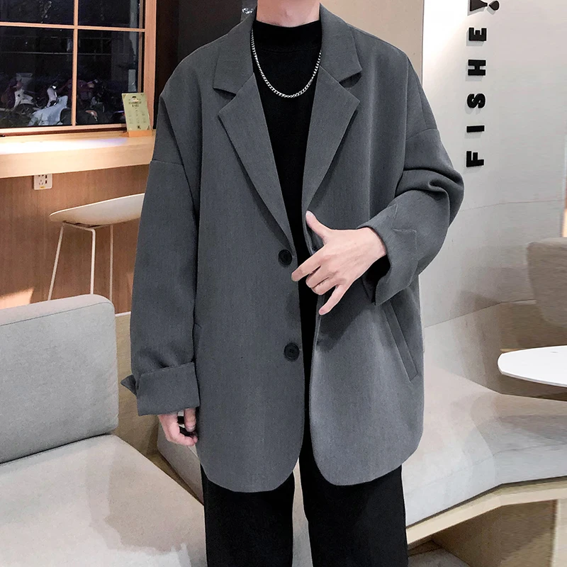 Autumn Men\'s Casual Solid Color Blazer Korean Style Business Single Trendy Oversize Business Suit Jackets Retro Daily Streetwear