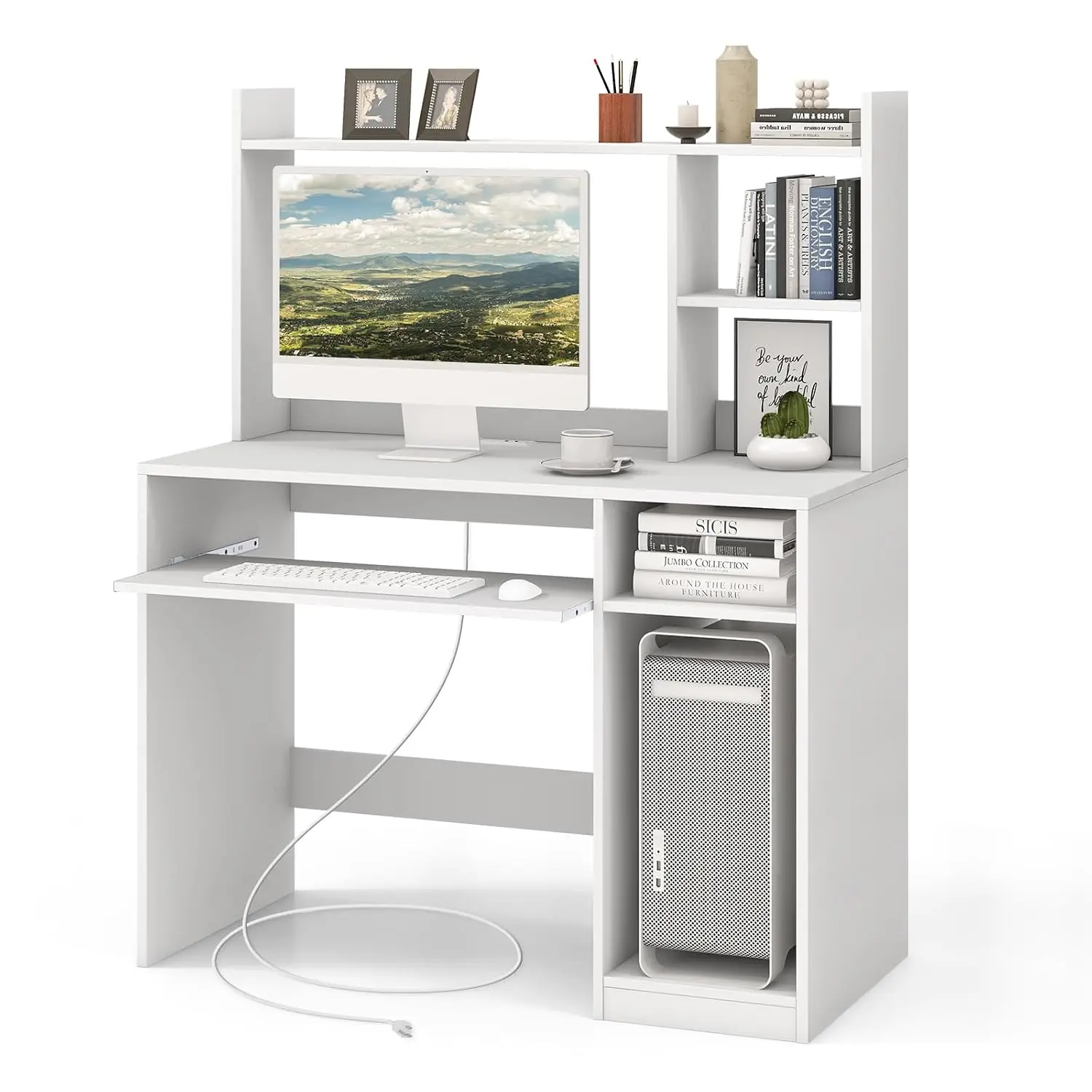 White Desk with Hutch & Charging Station, Keyboard Tray & CPU Stand, Laptop Desk with Bookshelf for Home Office, Customized